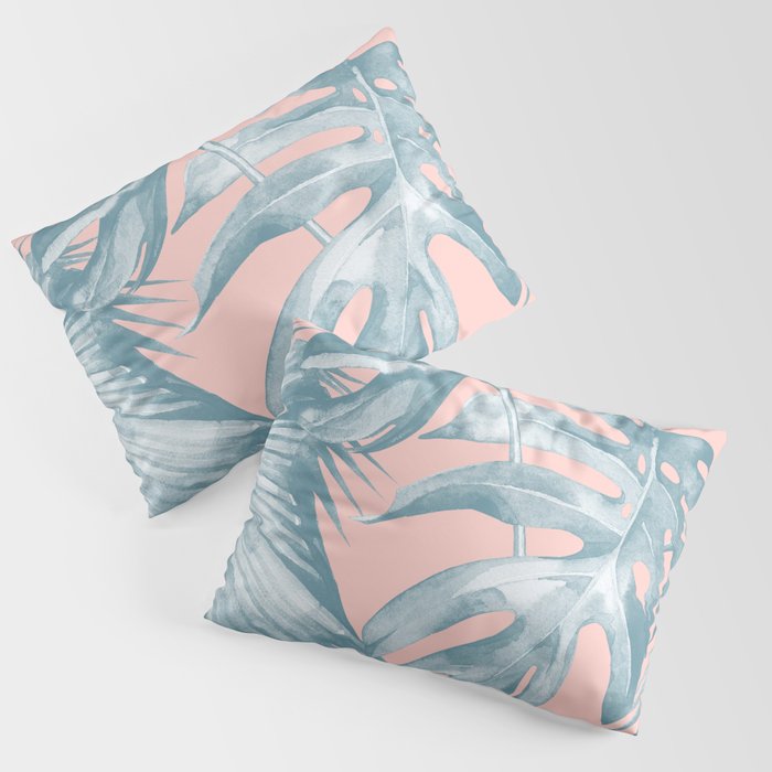 Tropical Leaves Ocean Blue on Coral Pink Pillow Sham