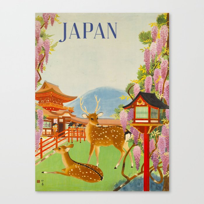 Vintage Mid Century Modern Japan Travel Poster Deer Red Pagoda Wisteria Garden Canvas Print