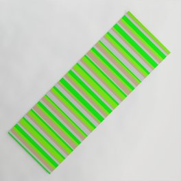 [ Thumbnail: Tan, Chartreuse, Lime & Light Grey Colored Striped/Lined Pattern Yoga Mat ]