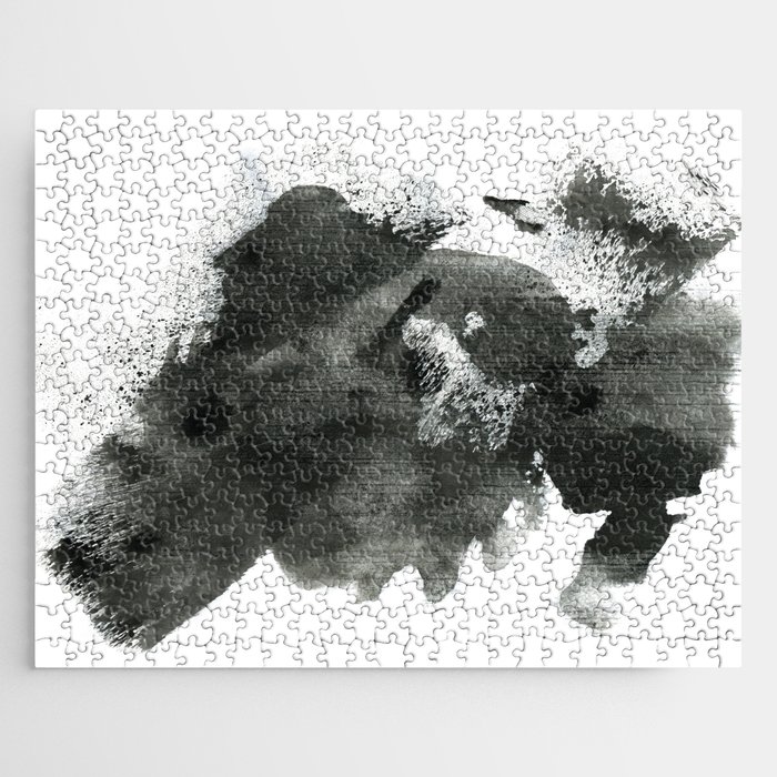 Abstract ink background. Marble style. Black paint stroke texture on white paper Grunge mud art. Macro image of pen juice. Dark Smear.   Jigsaw Puzzle