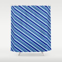 [ Thumbnail: Light Blue, Blue & Dark Blue Colored Lined/Striped Pattern Shower Curtain ]