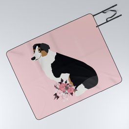 Australian Shepherd and Flowers Tri Color Aussie Dog Pink Picnic Blanket