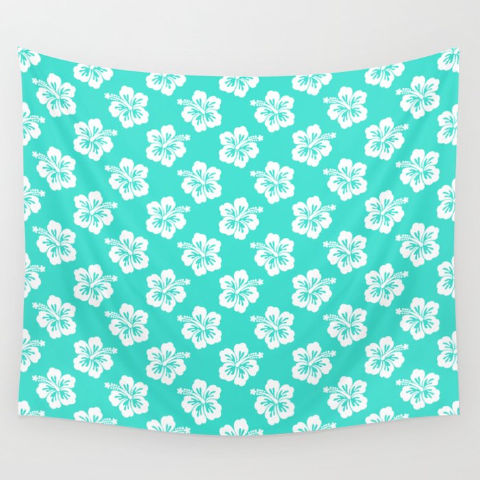 Turquoise and White Hibiscus Pattern Wall Tapestry