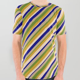 [ Thumbnail: Vibrant Dark Blue, Tan, Green, Goldenrod & Bisque Colored Striped Pattern All Over Graphic Tee ]