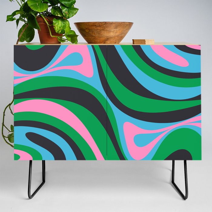 New Groove Retro Swirl Abstract Pattern Black Pink Blue Green Credenza