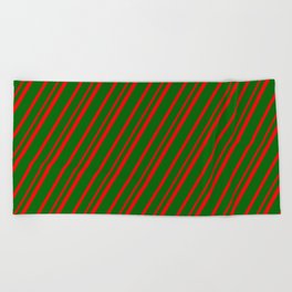 [ Thumbnail: Dark Green & Red Colored Lines Pattern Beach Towel ]