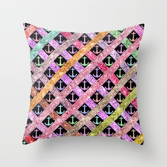 Girly Colorful Glitter Nautical Anchors Stripes Throw Pillow