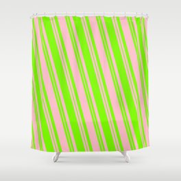 [ Thumbnail: Pink & Green Colored Lined/Striped Pattern Shower Curtain ]