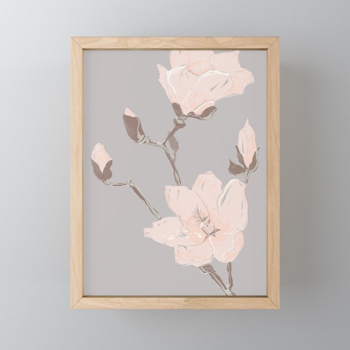Magnolia flower Japanese minimalism style artwork in retro colors gray Framed Mini Art Print