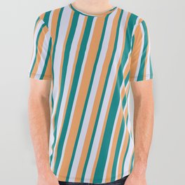 [ Thumbnail: Brown, Teal, and Lavender Colored Lined Pattern All Over Graphic Tee ]