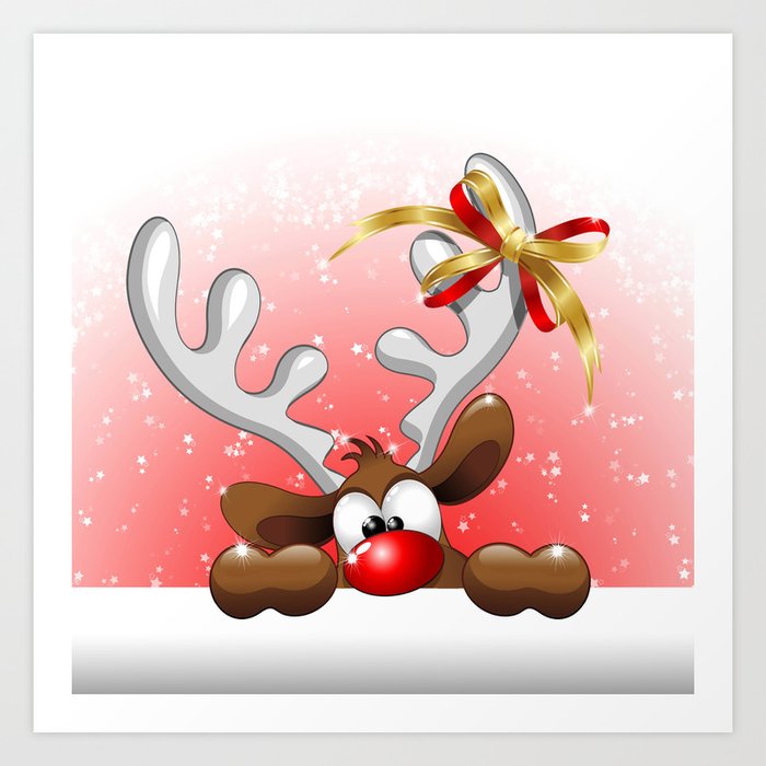 Funny Christmas Reindeer Cartoon Art Print