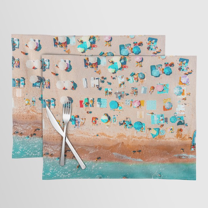 Aerial Beach Print, Aerial People Beach Print, Aerial Drone Summer Beach Photography, Blue Ocean Sea, Coastal Beach, Sea Beach Placemat