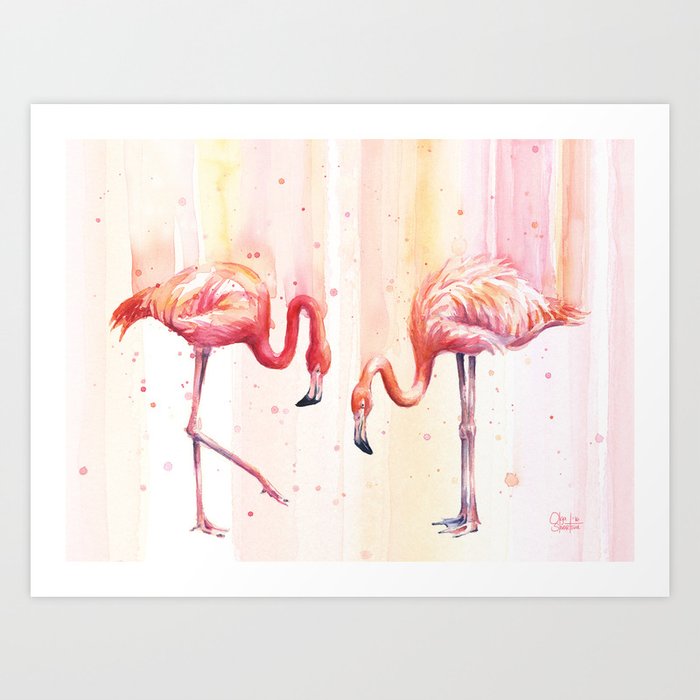 Two Flamingos Watercolor Tropical Birds Animals Art Print