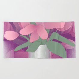 Pink tulips in a white glass vase Beach Towel
