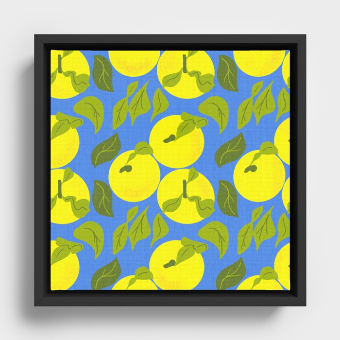 Retro Modern Yuzu Fruit Lemon Yellow On Blue Framed Canvas