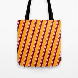 [ Thumbnail: Colorful Maroon, Orange, Light Pink, Crimson, and White Colored Lines/Stripes Pattern Tote Bag ]