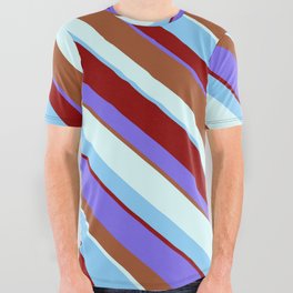 [ Thumbnail: Medium Slate Blue, Sienna, Light Cyan, Light Sky Blue, and Dark Red Colored Striped Pattern All Over Graphic Tee ]