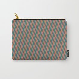 [ Thumbnail: Dark Cyan & Red Colored Striped Pattern Carry-All Pouch ]