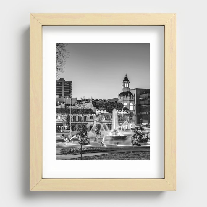 Dusk At The JC Nichols Memorial Fountain In The Plaza - Black and White Recessed Framed Print