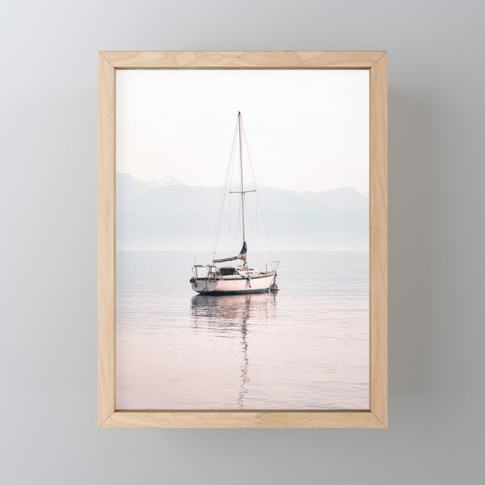 Boat Mountain Lake Pastel Framed Mini Art Print