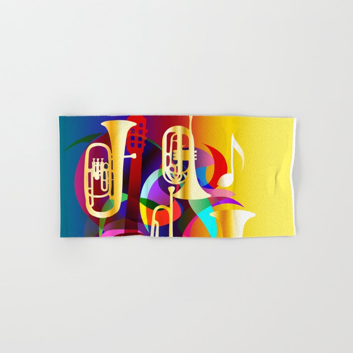 Colorful Music Instruments With Guitar Trumpet Musical Notes Bass Clef And Abstract Decor Hand Bath Towel By Arija Art