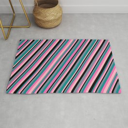 [ Thumbnail: Light Slate Gray, Dark Cyan, Hot Pink, Light Pink, and Black Colored Striped/Lined Pattern Rug ]