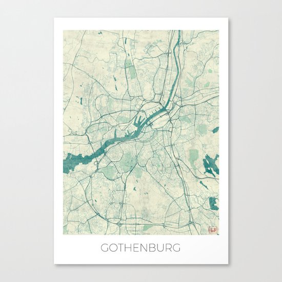 Gothenburg Map Blue Vintage Canvas Print