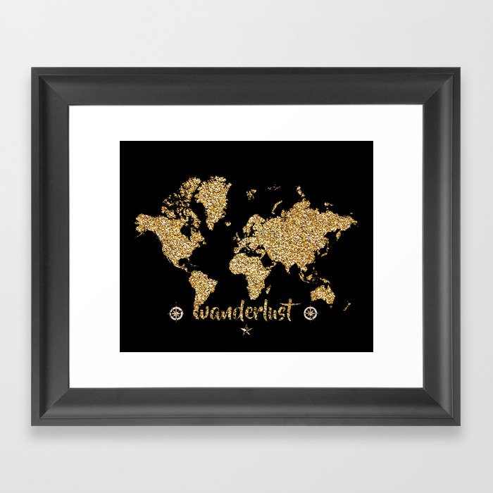 world map gold black wanderlust Framed Art Print