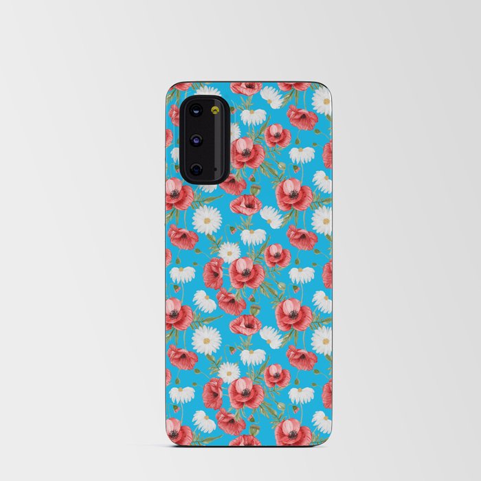 Daisy and Poppy Seamless Pattern on Turquoise Background Android Card Case