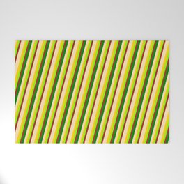 [ Thumbnail: Vibrant Beige, Yellow, Chartreuse, Red & Green Colored Pattern of Stripes Welcome Mat ]