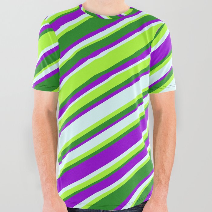 Dark Violet, Light Cyan, Light Green & Forest Green Colored Lines Pattern All Over Graphic Tee