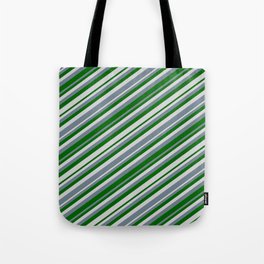 [ Thumbnail: Slate Gray, Dark Green & Light Gray Colored Striped/Lined Pattern Tote Bag ]