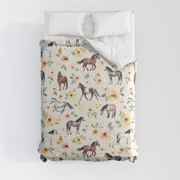 Horses and Flowers, Sunrise Floral, Cream, Horse Print, Horse Illustration, Pink and Yellow, Equestrian, Little Girls Comforter