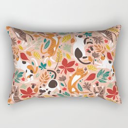 Autumn joy // flesh coral background cats dancing with many leaves in fall colors Rectangular Pillow