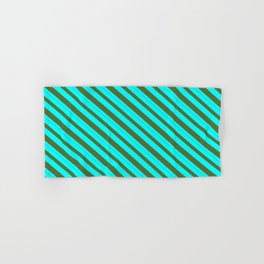 [ Thumbnail: Cyan and Dark Olive Green Colored Pattern of Stripes Hand & Bath Towel ]