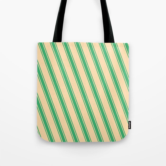 Tan and Sea Green Colored Lines Pattern Tote Bag