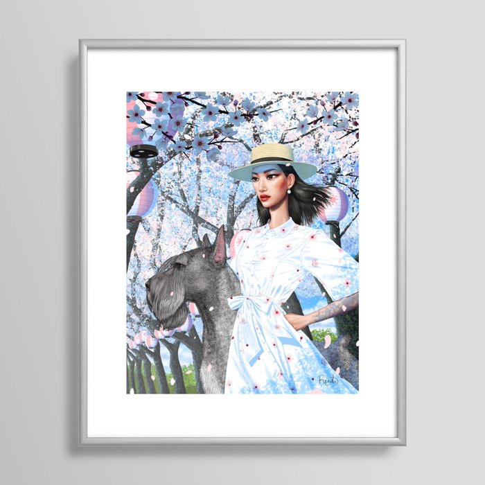 Cherry Blossom Girl and Giant Schnauzer Framed Art Print