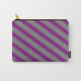 [ Thumbnail: Grey & Purple Colored Stripes Pattern Carry-All Pouch ]