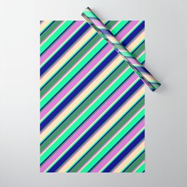 [ Thumbnail: Eyecatching Beige, Green, Dark Blue, Sea Green, and Orchid Colored Lines/Stripes Pattern Wrapping Paper ]