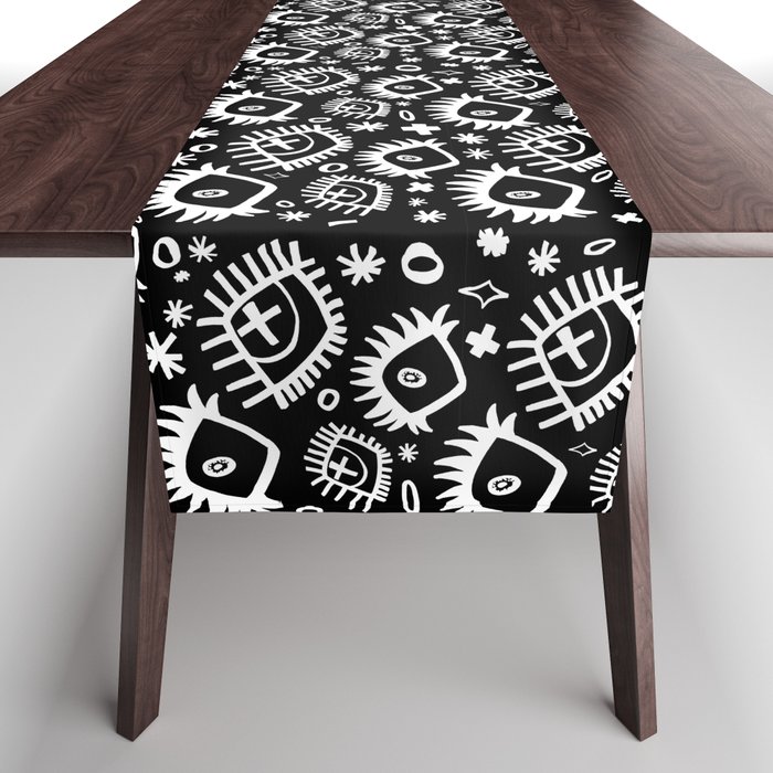 Black and White Trippy Doodle Eye Pattern Table Runner