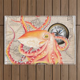 Red Octopus Tentacles Vintage Map Compass Outdoor Rug
