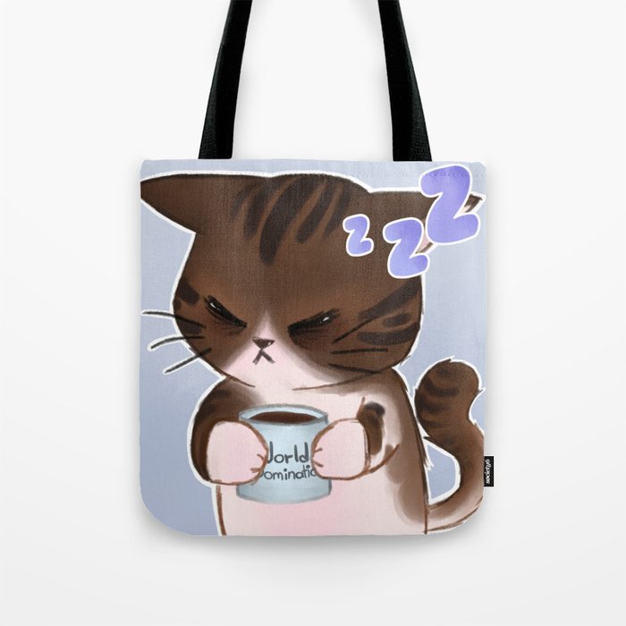 Sleepy kitty with "World Domination" cup Tote Bag