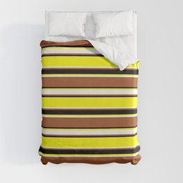 [ Thumbnail: Yellow, White, Sienna & Black Colored Stripes/Lines Pattern Duvet Cover ]