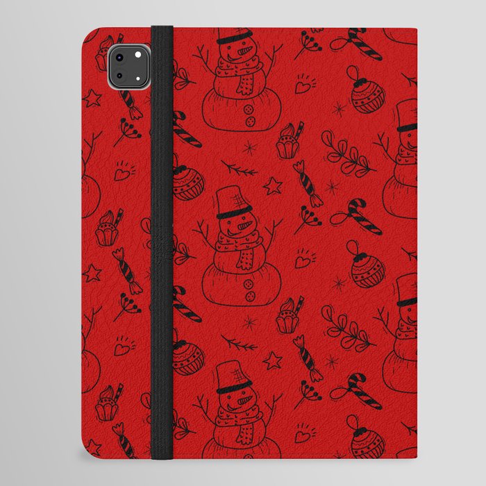 Red and Black Christmas Snowman Doodle Pattern iPad Folio Case
