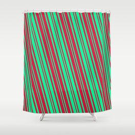[ Thumbnail: Crimson and Green Colored Lines/Stripes Pattern Shower Curtain ]