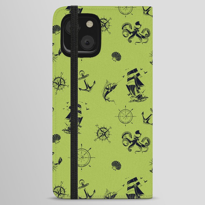 Light Green And Blue Silhouettes Of Vintage Nautical Pattern iPhone Wallet Case