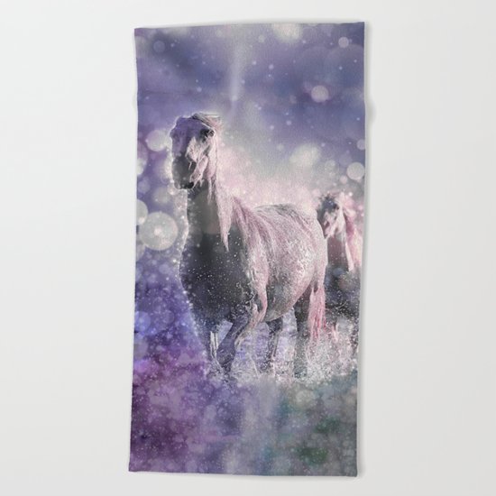 Blue Wild Horses Mixed Media Art Beach Towel