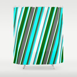 [ Thumbnail: Dim Grey, Cyan, Mint Cream & Dark Green Colored Stripes Pattern Shower Curtain ]