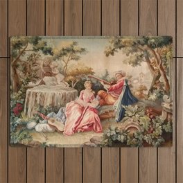Antique 19th Century French Aubusson Gallant Courtship Romantic Tapestry Outdoor Rug