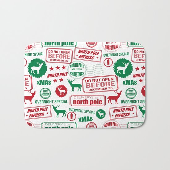 North Pole santa sleigh post office pattern reindeer print xmas holiday gifts decor Bath Mat
